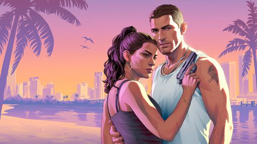 Jason and Lucia embracing on a beach with the Vice City skyline behind them