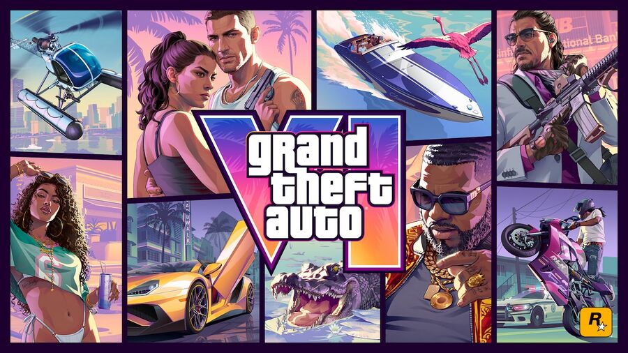 Illustrated Grand Theft Auto VI cover art featuring Jason, Lucia, vehicles and scenes from Leonida